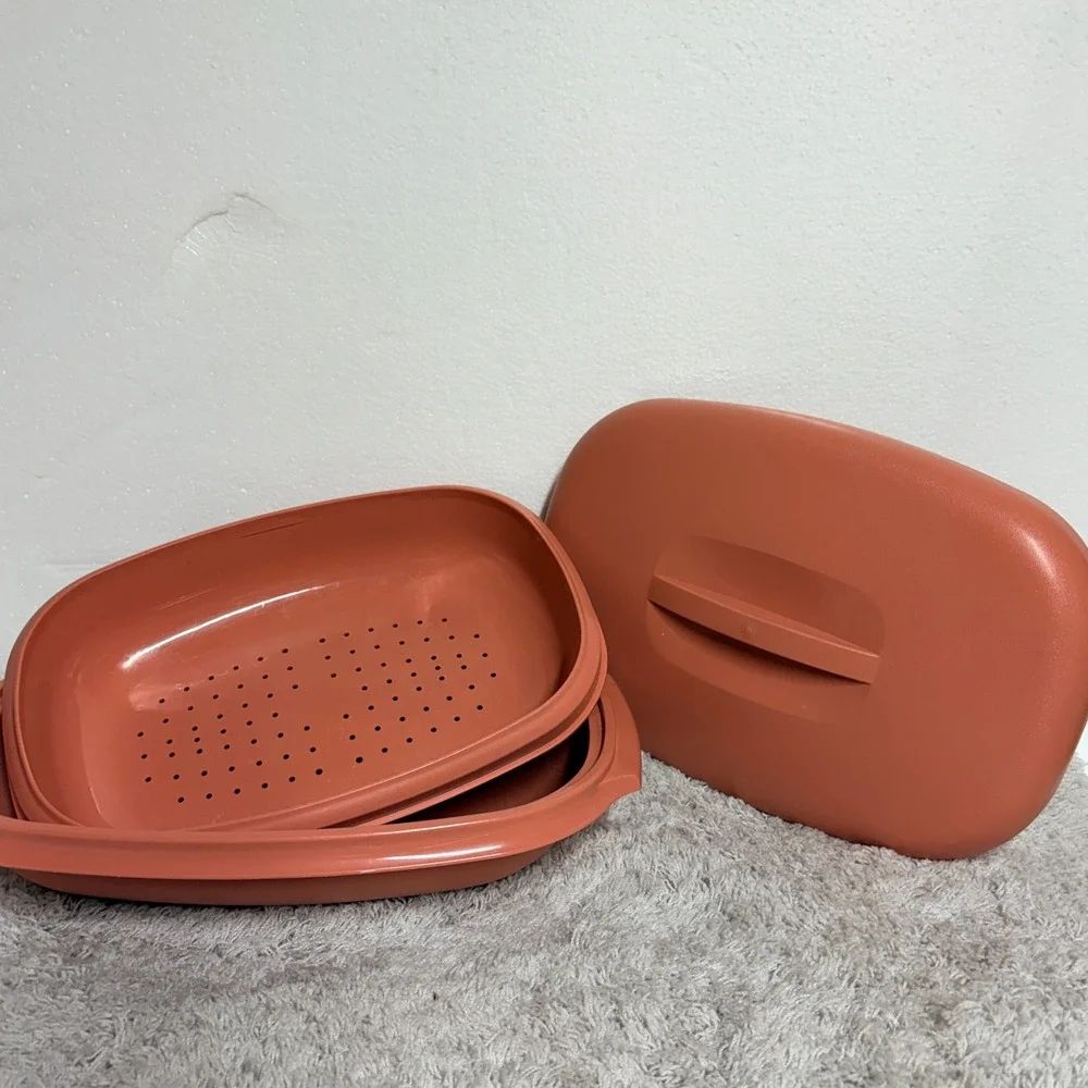 Tupperware Microwave Food Steamer 3 Pieces 6 Cup Dusty Rose Pink #1273-3 Vintage